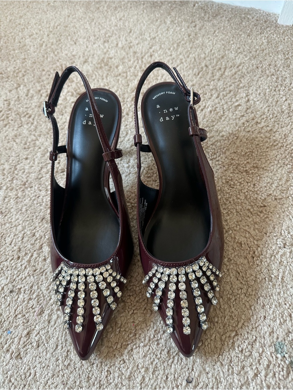 Target a new day burgundy patent slingback pumps with crystal fringe